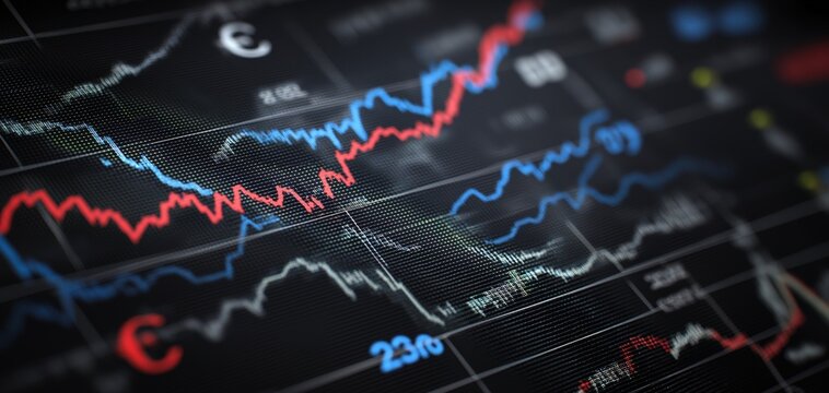 Close-up of a digital financial chart displaying fluctuating red and blue line graphs on a black background with numerical data. - Powered by Adobe