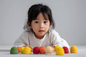 Fototapeta premium curious child in white shirt explores world of colorful toys against clean background
