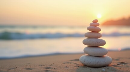 Fototapeta premium Stack of white zen stones balanced on sandy beach at sunset with ocean waves in background, concept of balance, minimalism, meditation, beach wellness retreats, lifestyle visuals, copy space