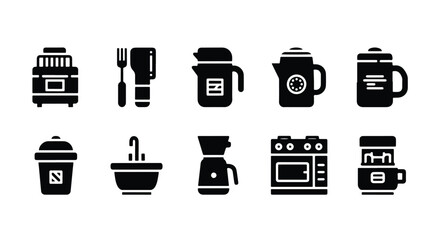A collection of kitchen appliance icons including coffee makers, kettles, and utensils