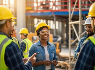 Smiling black woman in hard hat and goggles interacts with coworkers in active construction site environment showing teamwork and safety