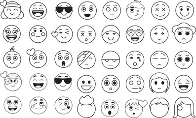 Collection of Diverse Black and White Emoji Icons Expressing a Range of Emotions and Personalities in a Playful Style