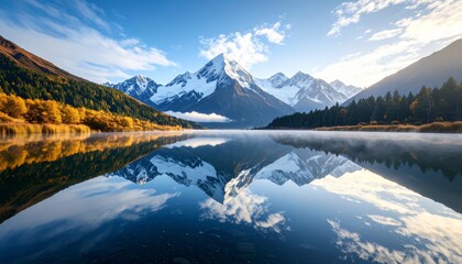Obraz premium Golden Autumn's Mirror: Mount Cook's Majestic Reflection on a Calm Lake