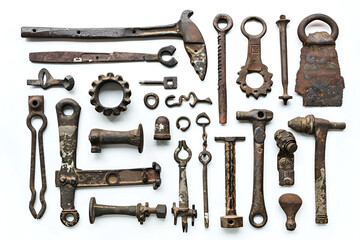Obraz premium Antique Rusty Tools Collection White Background