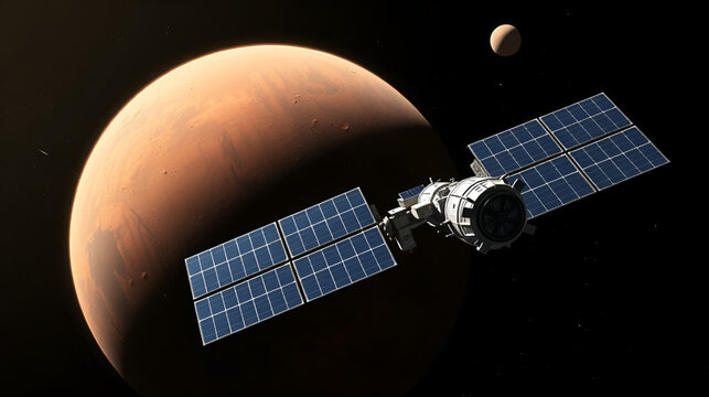 Spacecraft orbiting Mars: An orbital spacecraft explores Mars with detailed solar panels in this photorealistic scene, depicting the vastness of space exploration and interplanetary travel.