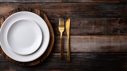 Empty white plates and gold cutlery on a rustic wooden table.
