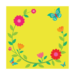 Bright Floral Frame with Tiny Garden Butterflies