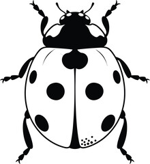 A black and white graphic illustration of a ladybug with spots on its wings and legs on a white background