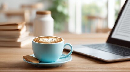 A blue coffee cup with heart-shaped latte art and a cookie on a wooden table beside a laptop and books