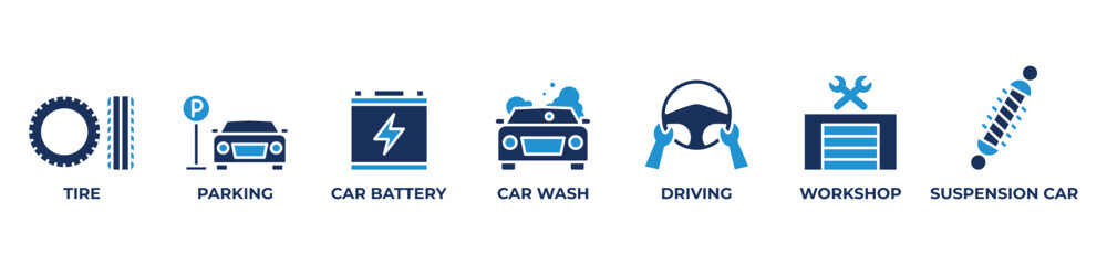 Total Car Care Icons set vector illustration blue  with Tire, Parking, Car battery, Car wash, Driving, Workshop, Suspension car