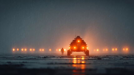 Armored Vehicle in Rain with Lights and Figure.