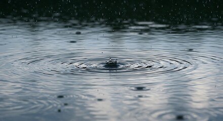 Raindrops falling on a body of water, creating ripples and splashes on the surface.