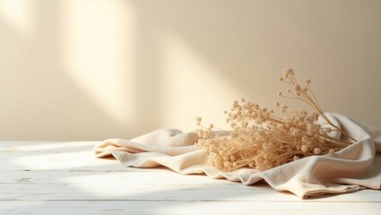 Beige Aesthetic Product Background with Dried Flowers and Fabric – Minimal Backdrop for Branding Photography