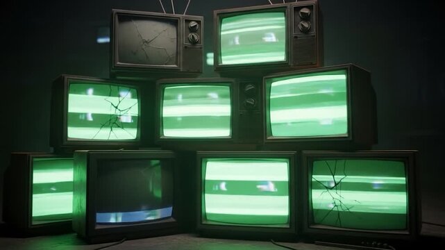 Stack of vintage televisions with cracked screens displaying a green static image