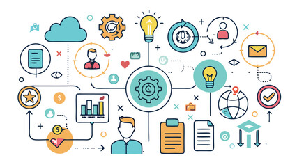 Conceptual flat vector design illustration of people connected through a social media network on a mobile web cloud computing platform, symbolizing global communication and data exchange