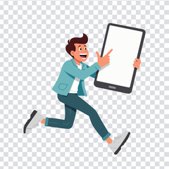 Excited man running and pointing at tablet screen