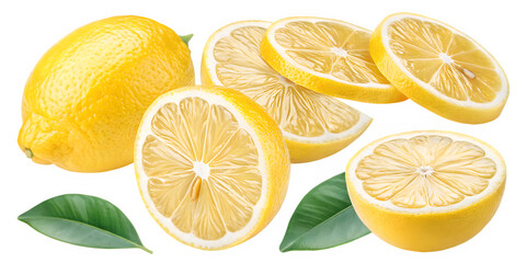 Fototapeta premium Fresh ripe lemons and slices with green leaves on black background