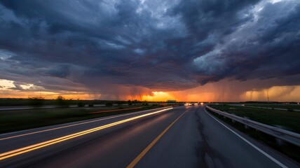 Naklejka premium Dramatic Sunset Sky over Highway with Rain in the Distance