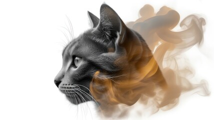 A gray cat is isolated on white background surrounded by smoke