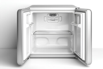 Fototapeta premium Empty silver mini fridge open doors clean interior