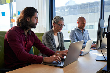 Three multiracial business colleagues sitting in the office working using laptops. Image with copy...