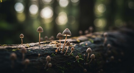 Small mushrooms cluster on decaying log in forest, sunlight filtering through trees.