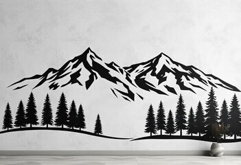 Stylish black & white mountain range stencil art with minimalist trees on textured wall,  silhouette,  abstract