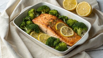 keto meal presentation concept. Baked salmon with broccoli and lemon served on a beige cloth.