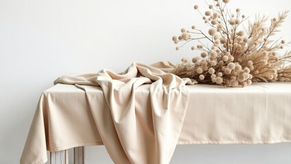 Beige Aesthetic Product Background with Dried Flowers and Fabric – Minimal Backdrop for Branding Photography