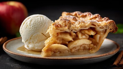 Slice of warm apple pie with golden crust cinnamon filling and vanilla ice cream on top