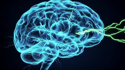 Futuristic 3d animation of a glowing blue brain with electrical activity and neural impulses on a black background
- Powered by Adobe