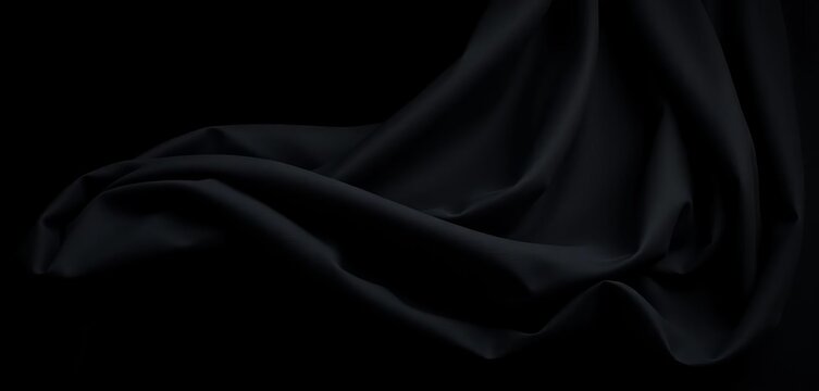 Intricate folds of dark fabric billow dramatically against a stark black backdrop, shadow, tulle