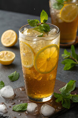 Refreshing iced tea with lemon slices and mint leaves on a dark background