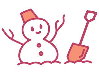 雪の中の雪だるまとスコップのかわいいイラスト
