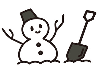 バケツをかぶった雪だるまとスコップの手描き風イラスト