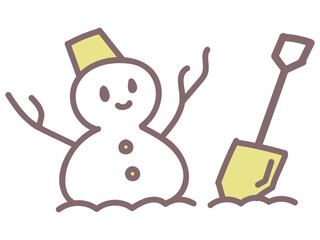 冬のキャラクター雪だるまとスコップの可愛いイラスト