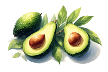 Isolated background image,hand drawn style drawing of Avocado fruit and leaves,white background PNG