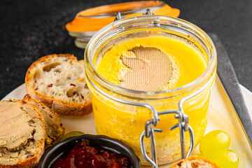 Foie gras goose liver appetizer delicacy fresh delicious gourmet food background on the table rustic food top view copy space