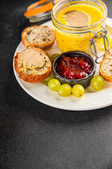 Foie gras goose liver appetizer delicacy fresh delicious gourmet food background on the table rustic food top view copy space © Alesia Berlezova