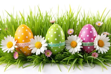 Three vibrantly colored polkadotted easter eggs are nestled in lush green grass adorned with white daisies and delicate pink