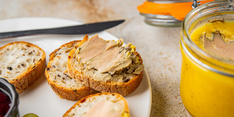 Foie gras goose liver appetizer delicacy fresh delicious gourmet food background on the table rustic food top view copy space