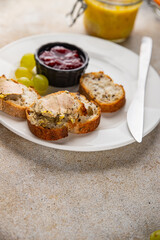 Foie gras goose liver appetizer delicacy fresh delicious gourmet food background on the table rustic food top view copy space