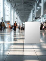 A blank advertising board placed in a busy airport terminal, surrounded by travelers and modern architecture.