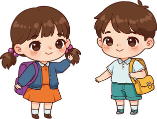 Cartoon school kids waving, colorful backpacks, cheerful children illustration, back to school theme, happy students image, cute educational graphic for learning visuals, stock vector