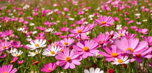 Fototapeta premium Vast cosmos field, vibrant pink and white blooms, sunny day, colorful, white