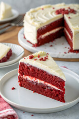 Delicious slice of red velvet cake with cream cheese frosting