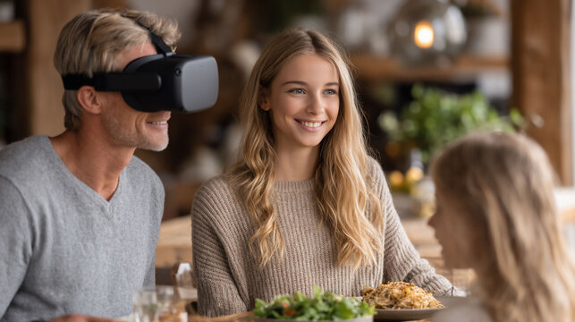 Family Dining with VR Headset Smiling Woman Food.