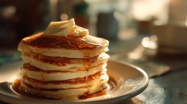 Stack of fluffy buttermilk pancakes with maple syrup and a pat of melting butter morning light shining through window - Powered by Adobe