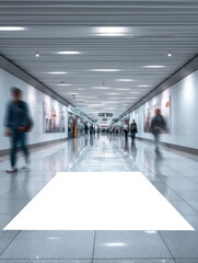 Fototapeta premium A modern, busy walkway in an airport showing blurred figures of travelers passing through white walls and bright lights.