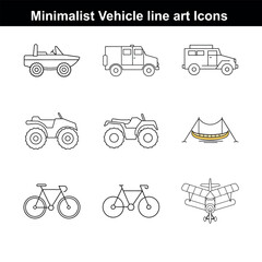 Travel and transport vector icons set with car, truck, train, bus, airplane, motorcycle, taxi, tractor, and bicycle vehicle silhouettes for diverse illustration
